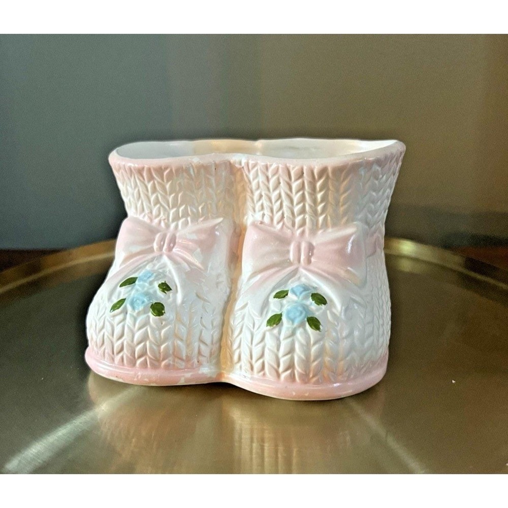 Vintage Napco Baby Bootie Double Planter Pink Ceramic Japan Nursery Decor